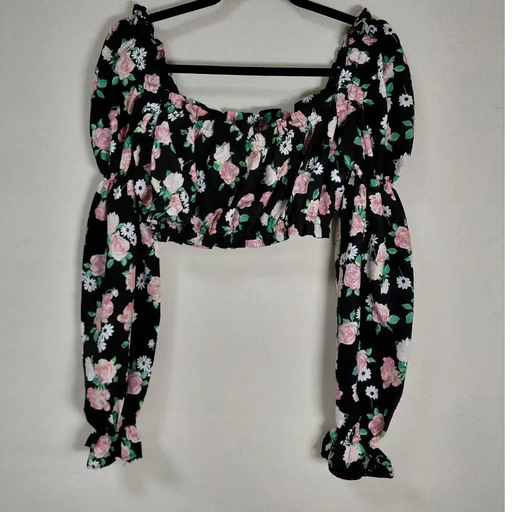 H&M Divided Black Floral Ruffle Smocked Stretch Blouse Women Size M